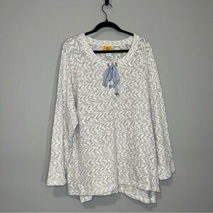 Ruby Rd‎ Woman Sweater Tunic White Blue Geometric Lace Up 2X Textured Knit